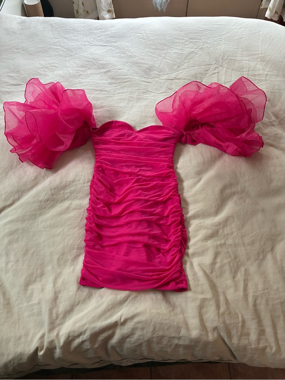 Hot Pink Ruched Mini Dress with Statement Puff Sleeves